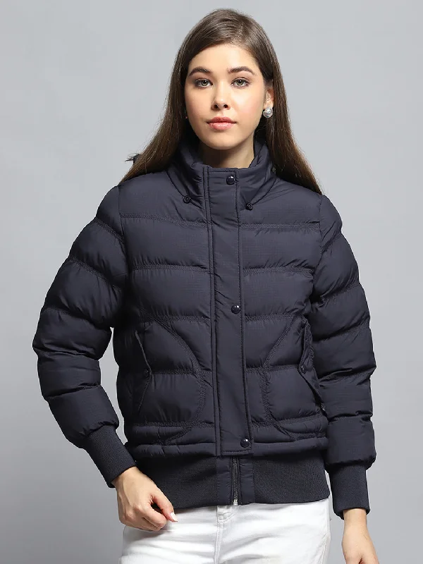 Sports High Waist Style Women Navy Blue Self Design Collar Full Sleeve Jacket