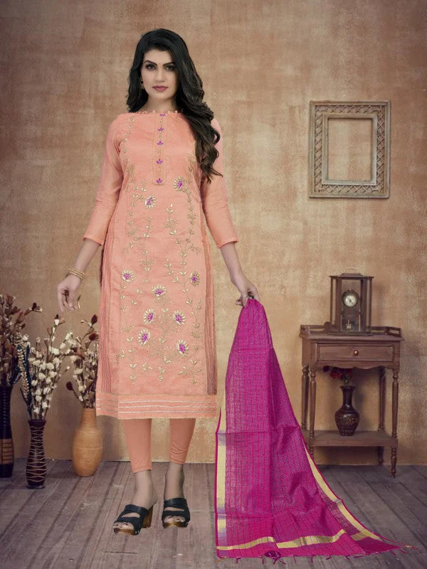 Elegant Style Women's Peach Chanderi Silk Embroidered Kurta With Trouser & Dupatta - Aastha Fashion