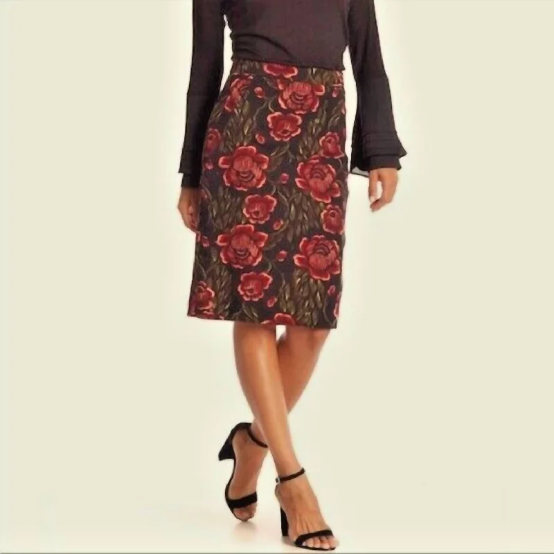 Retro Skirt Design Floral Roses Print Woven Pencil Skirt In Multicolor