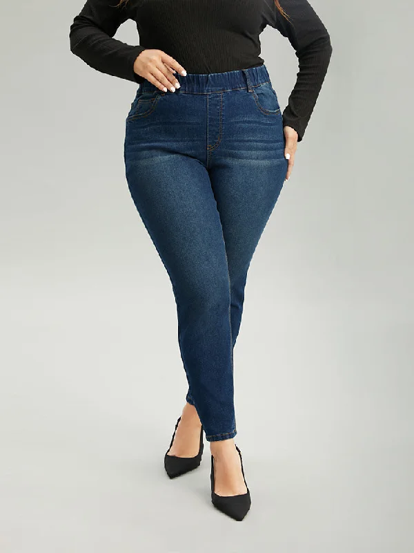 Fashion Classic Simple Solid Color Dark Wash Skinny Elastic Waist Jeans