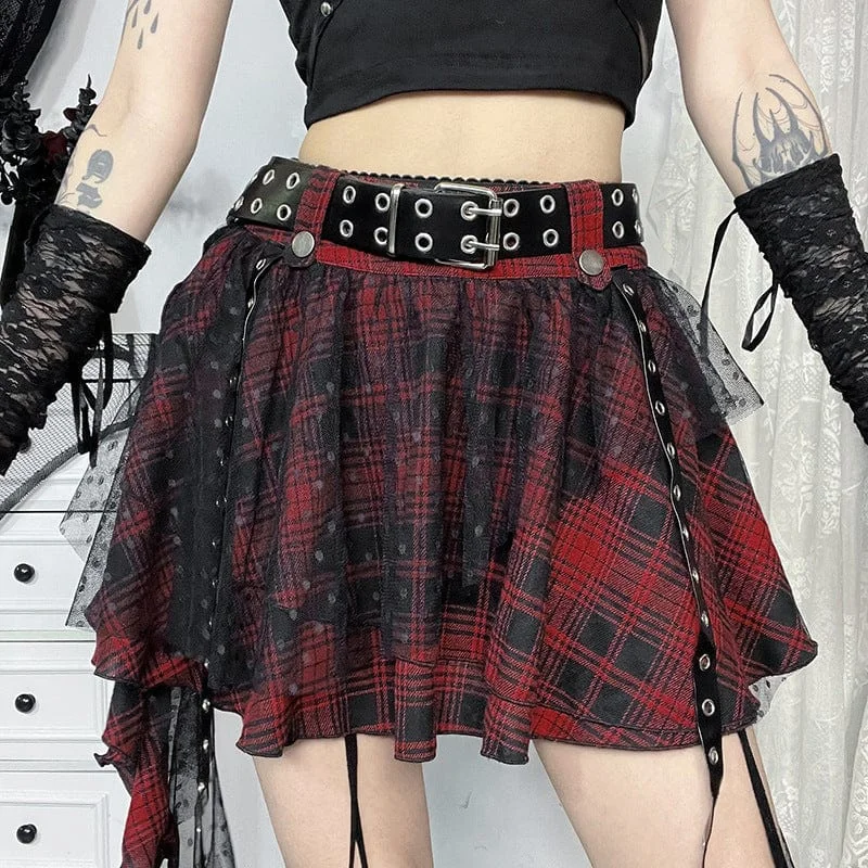 Urban Style Elegant Design Women's Grunge Mesh Grid Bubble Short Skirt Red