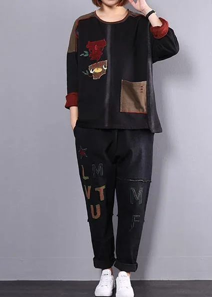 Letter embroidery new fall cotton black patchwork blouse with casual harem pants