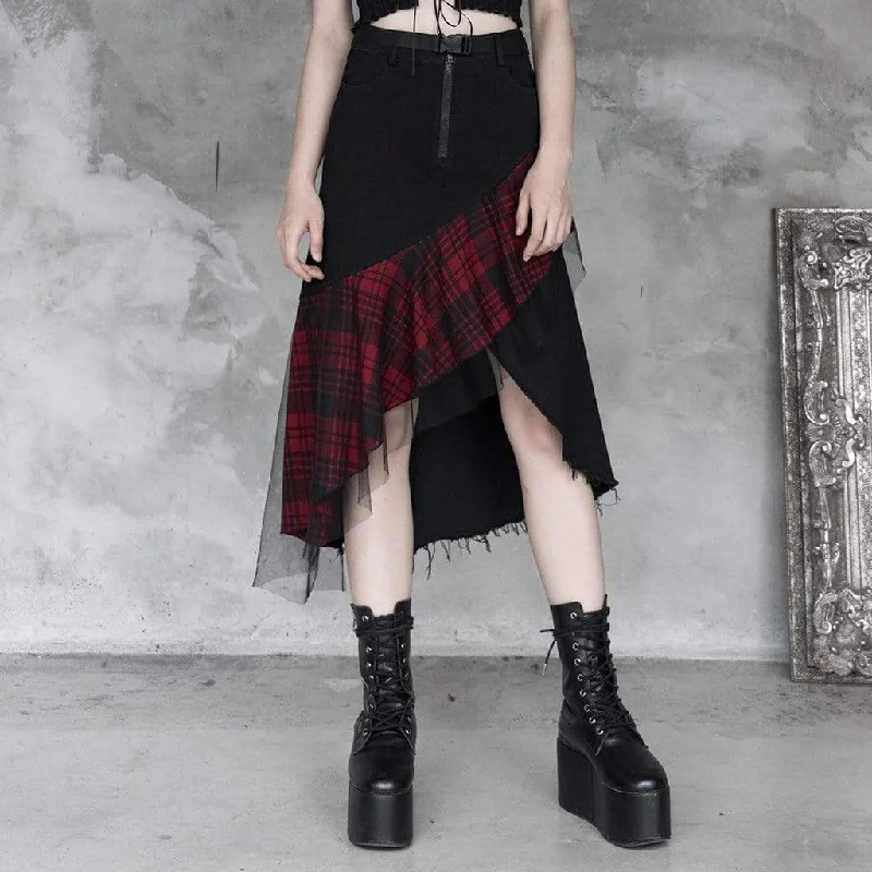 Sports Cool Women's Goth Front Zip High-waisted Plaid Irregular Skirt