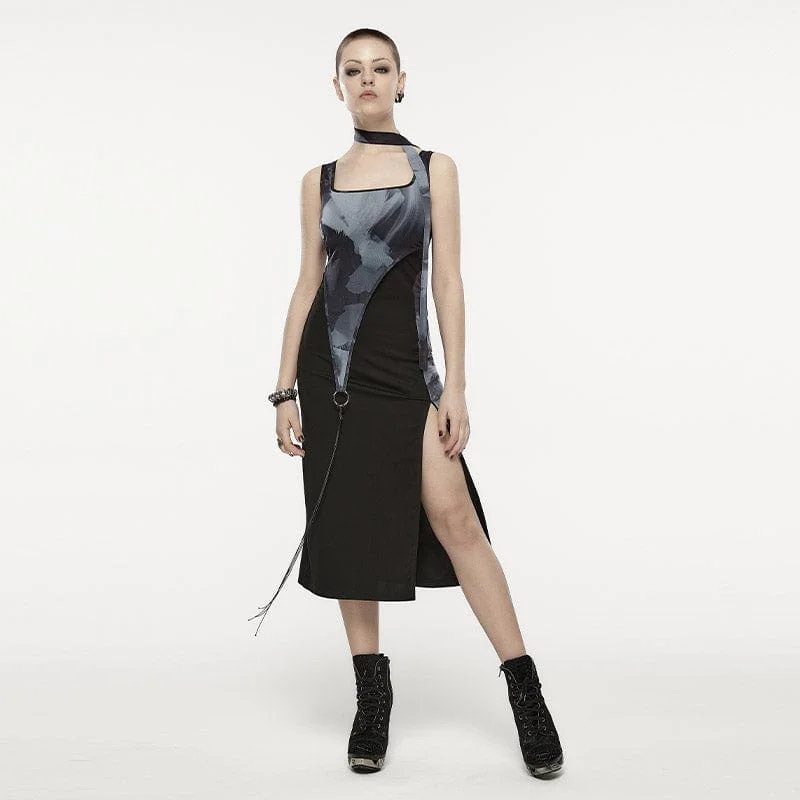 End Of The Year New Products Women's Grunge Ink Printed Split Slip Dress with Neckwear End Of The Year New Products Women's Grunge Ink Printed Split Slip Dress with Neckwear
