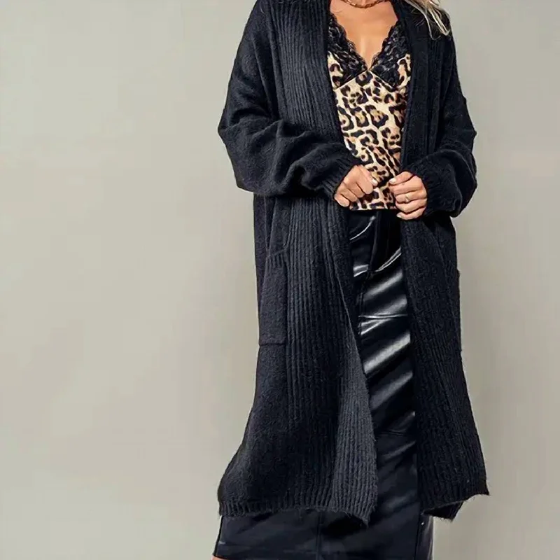 Trendy and versatile Textured Soft Ribbed Knit Long Open Cardigan With Front Pockets One Sizewith Front Pockets In Black