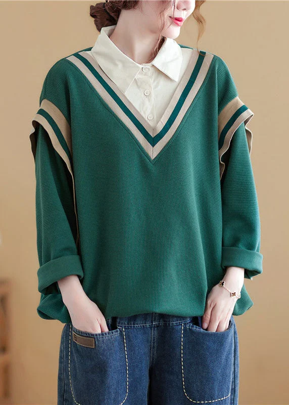 Style Design Natural Green Peter Pan Collar Patchwork Cotton Sweatshirts Top Spring