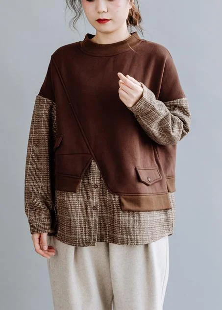 Fashionable Inner Wear Unique Design Handmade o neck shirts women design chocolate patchwork plaid top Fashionable Inner Wear Unique Design Handmade o neck shirts women design chocolate patchwork plaid top