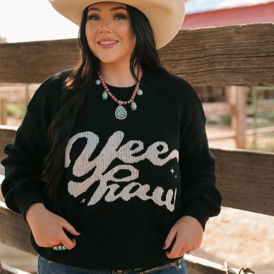 Exclusive Customization Unique Design Women's "Yeehaw" Wordy Contrast Sweater in Black
