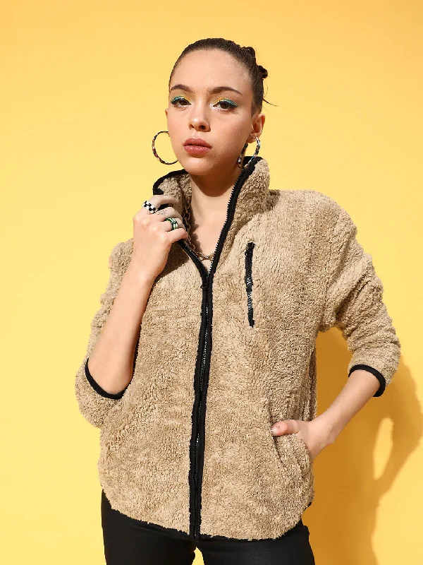 Minimal Style Embroidered Letters Women Beige Faux Fur Contrast Piping Jacket