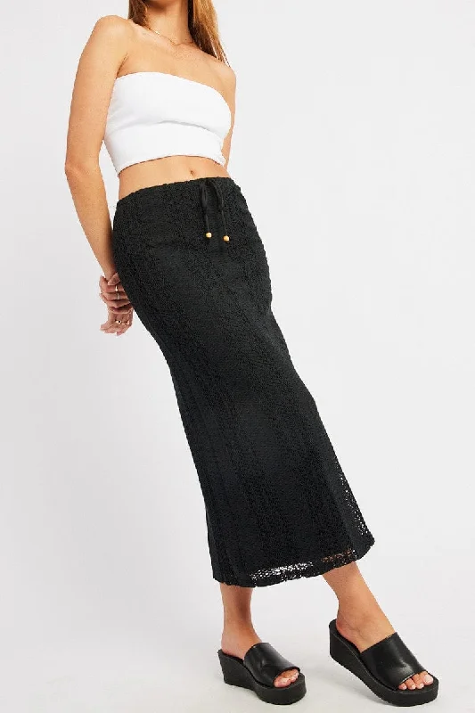 Fresh And Fashionable Minimalism Black Crochet Maxi Skirt High Rise Relaxed Lined
