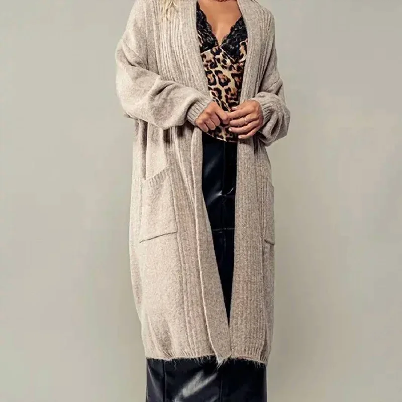 Design sense Elongated Soft Knit Open Cardigan In Beige