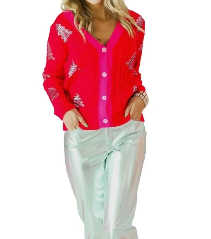 Urban Style Elegant And Simple Sequin Tree Cardigan In Red