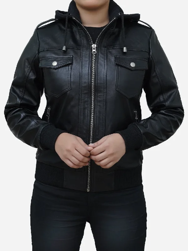 Exquisite Tailoring Fashionable And Versatile Women's Black Real Lambskin Leather Hooded Jacket