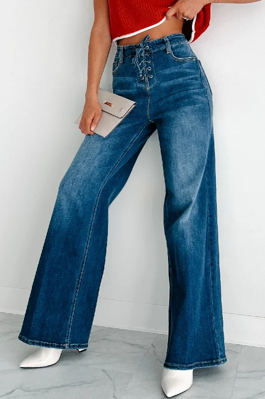Urban Style Stunning Fashion Leroy High Rise Wide Leg Cello Lace-Up Jeans (Medium Denim)