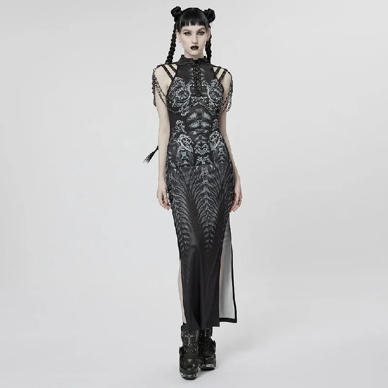 Fashionable And Fashionable Women's Gothic Strappy Side Slit Dress with Chain