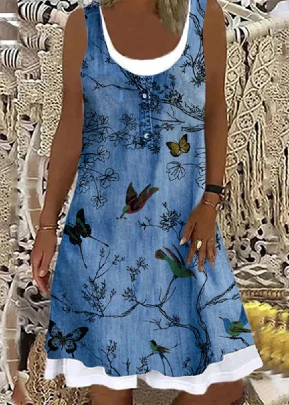 Sweet Girl Italian Bird Print False Two Pieces Denim Mid Dress Sleeveless