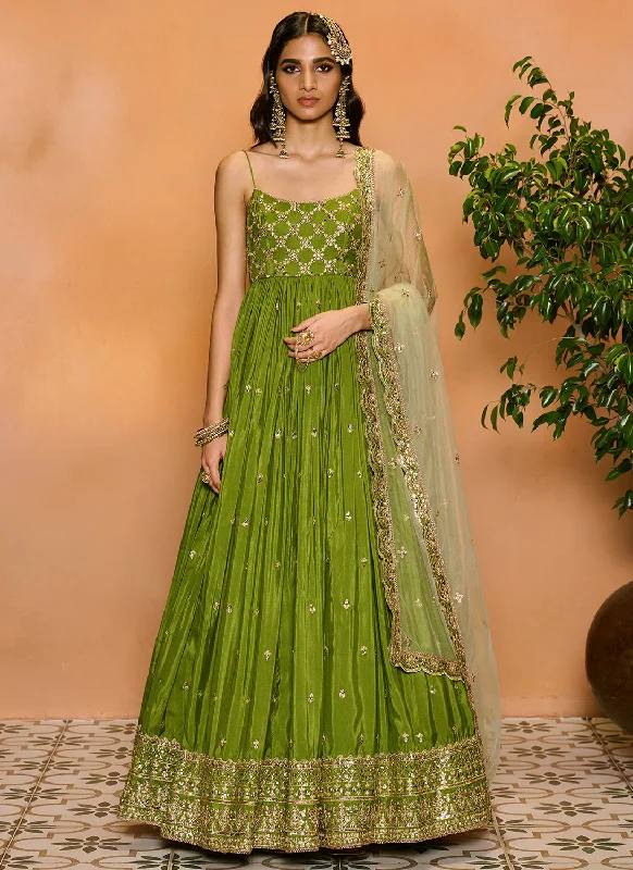 Retro Fashion Personalized Wear Mehendi Green Embroidered Anarkali
