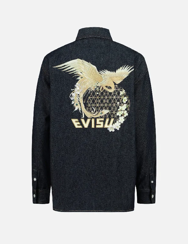 Celebrity Picks Romantic Data Peacock and Brocade Foil-Print Denim Shirt