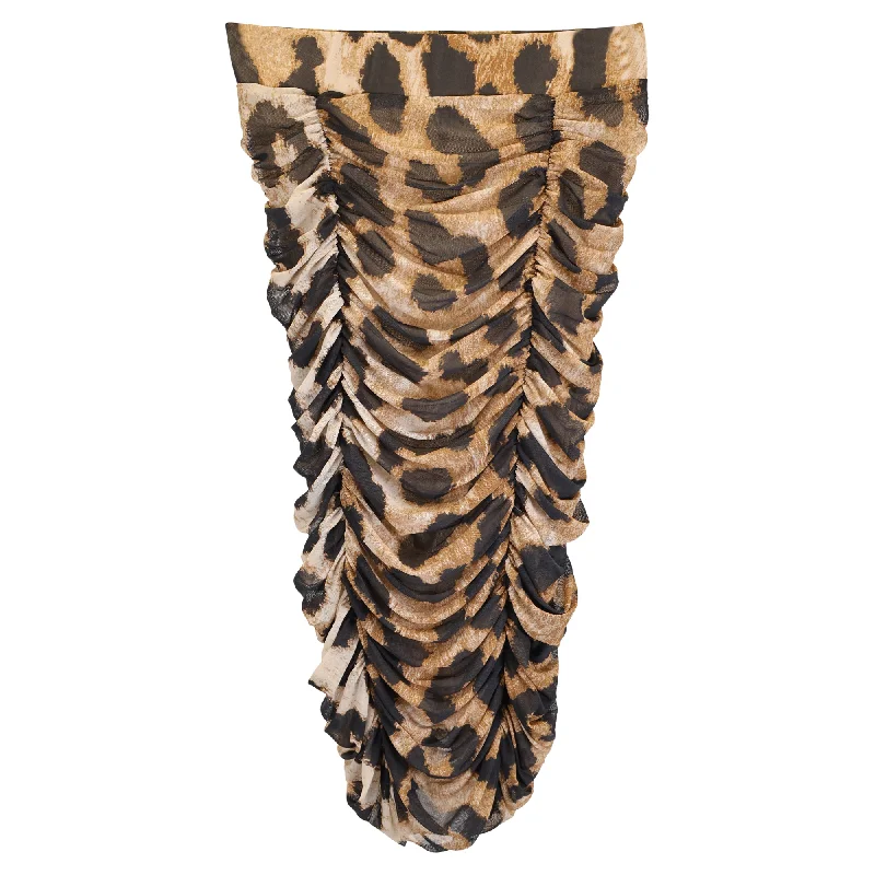 Urban Style Elegant And Simple Ganni Ruched Leopard Print Midi Mesh Skirt in Brown Polyester