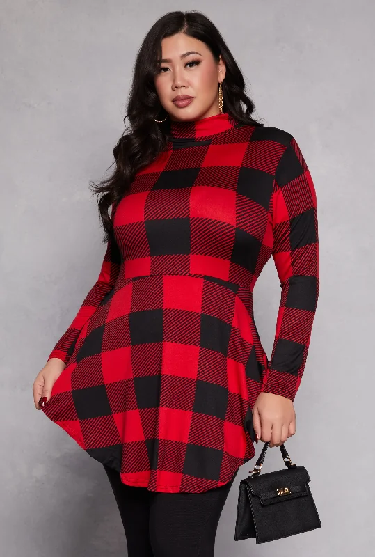 Retro Lace Fabric Plus Size Buffalo Plaid Mock Neck Peplum Top