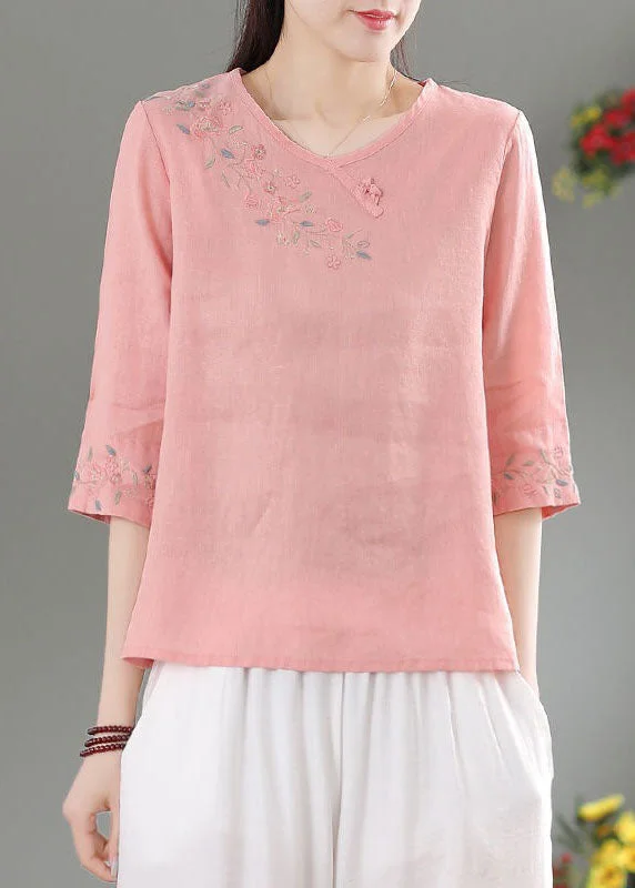 Literary Style Modern Pink O-Neck Side Open Linen Top Three Quarter sleeve