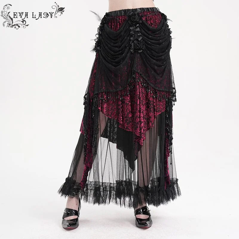 Sports Trend Fresh And Natural Women's Gothic Tassels Mesh Long Skirt Black Purple