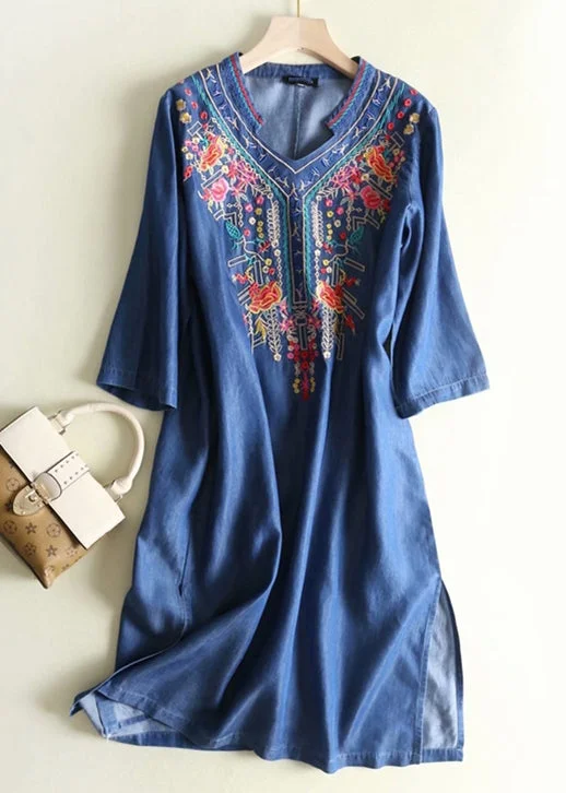 Sports Fashion Bottom And Versatile Elegant Blue Embroidered Side Open Denim Dresses Summer Sports Fashion Bottom And Versatile Elegant Blue Embroidered Side Open Denim Dresses Summer