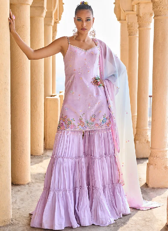 Warm Atmosphere Simple Matching Soft Lavender Embellished Gharara Suit