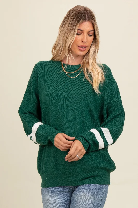 Trendy And Casual Advanced Customization Forest Green Striped Sleeve Relaxed Fit Sweater Trendy And Casual Advanced Customization Forest Green Striped Sleeve Relaxed Fit Sweater