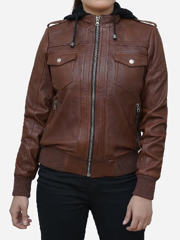 Fashionable And Fashionable Autumn Selection Women's Cogniac Brown Leather Hooded Bomber Jacket