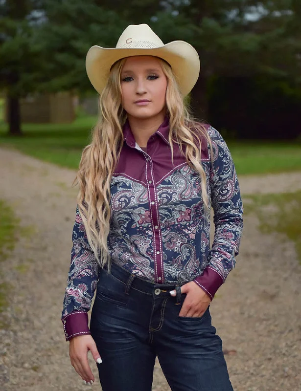 Sports Comfort Style Cowgirl Tuff Burgundy Paisley Pullover Shirt