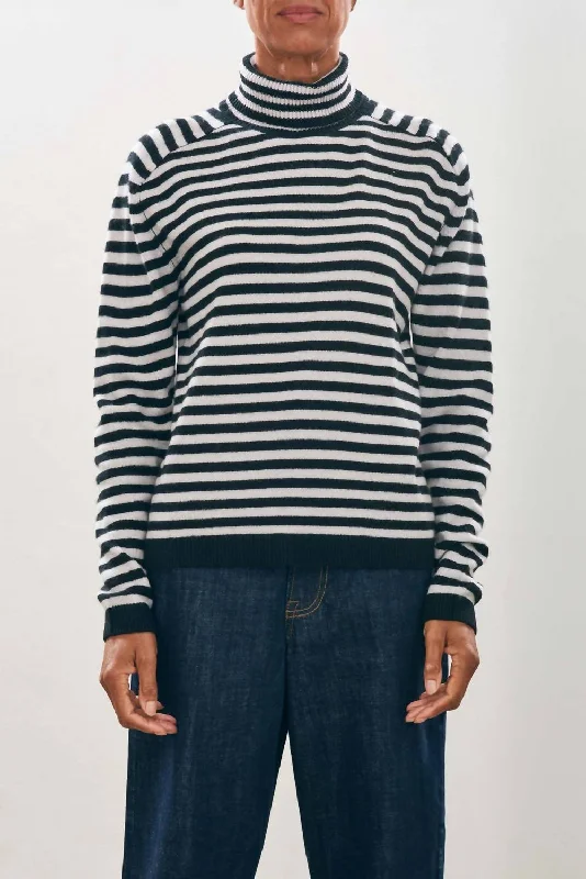 Casual And Casual Narrow Stripe Cashmere Roll Collar Sweater In Black/fog