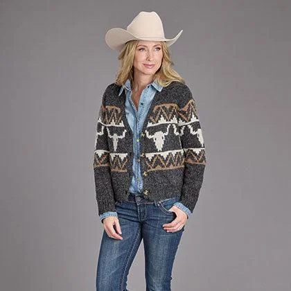 Refreshing Design Feminine Charm Stetson Women's Vintage Steer Head Cardigan in Charcoal