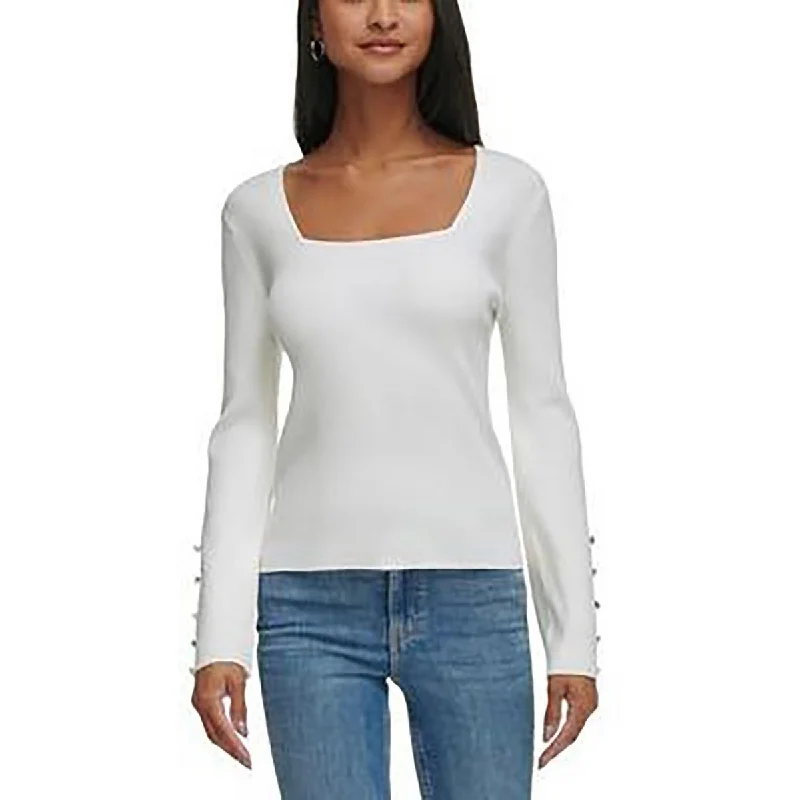 Fashionable Inner Wear Personalized Clothing Womens Square Neck Button Trim Pullover Sweater