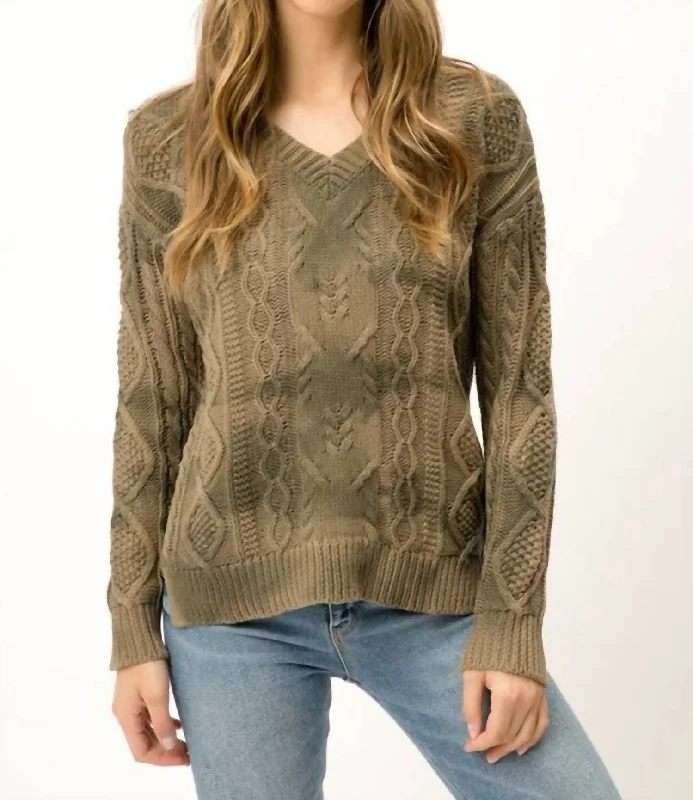 Retro Design Tie Dye Cable Knit Sweater In Olive Green