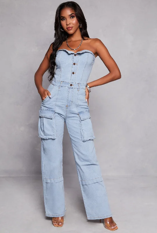 Elegant And Charming Trendy Items Daisy Strapless Denim Cargo Jumpsuit