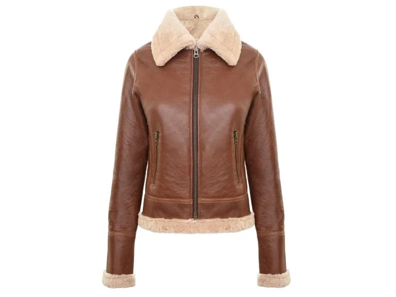 Street Style Suit Women's Brown/Black Aviator Biker Genuine Shearling Leather Jacket