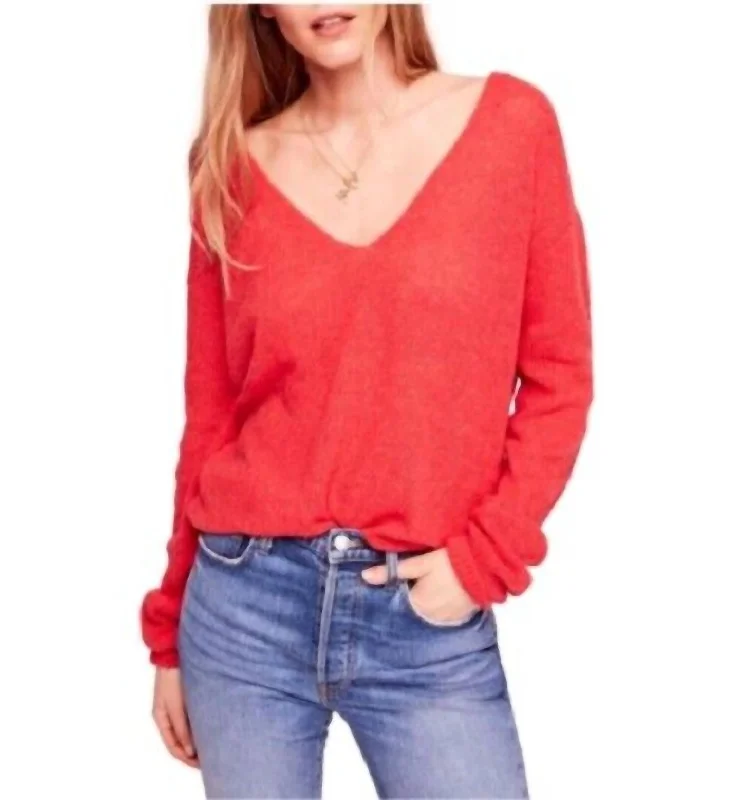 Extra long version Coral Knit Gossamer V-Neck Sweater In Red