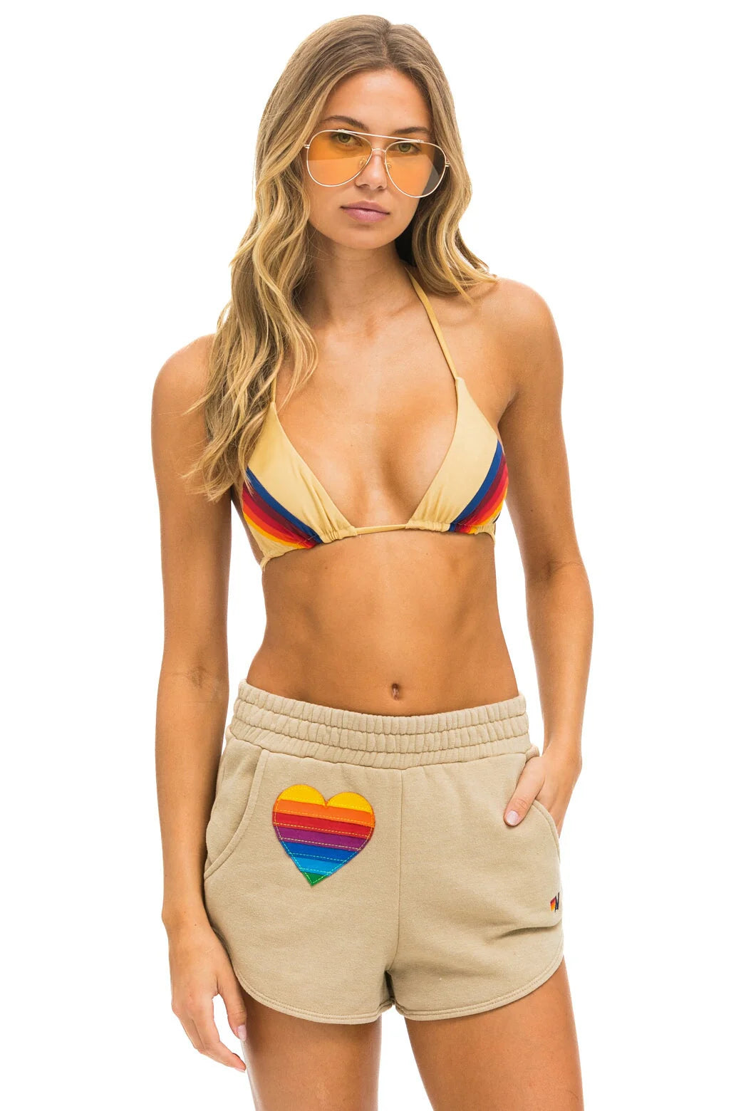 Sports Functional Style Rainbow Heart Stitch Lounger Short Sand