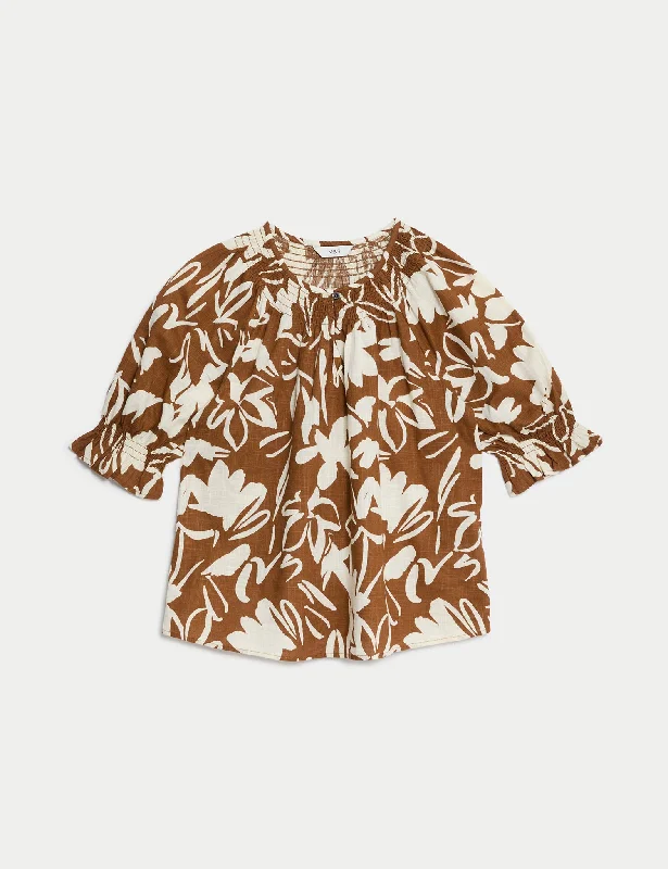 Youthful Vitality European And American Style Pure Cotton Printed Shirred Detail Blouse