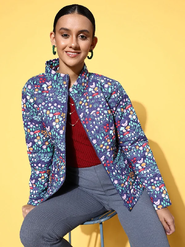 High Street Design Classic Women Purple Garden Floral Puffer Jacket