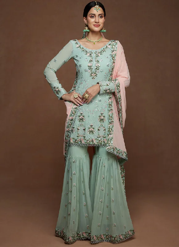 Urban Style Elegant And Simple Dusty Mint and Pink Georgette Gharara Suit