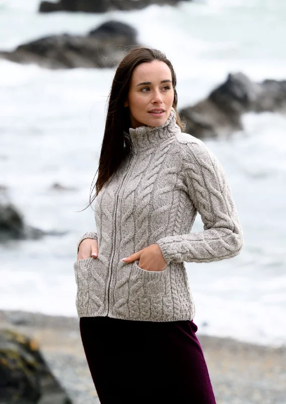 French Style French Retro Aran Full Zip Cardigan | Oatmeal