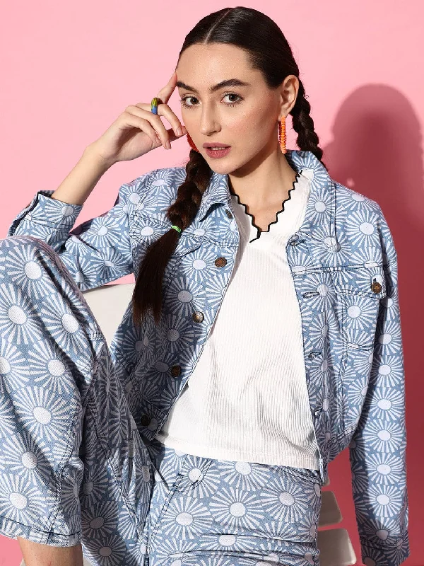 New Autumn And Winter Styles Sports And Leisure Women Blue Floral Print Denim Jacket