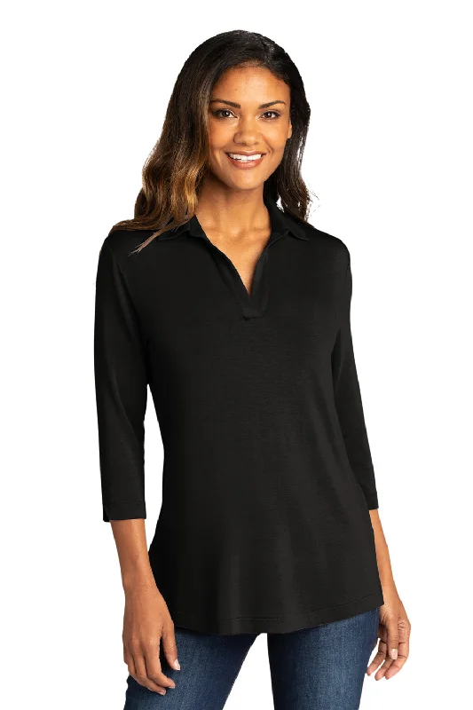 Sports Vitality Style Port Authority Womens Luxe Knit 3/4 Sleeve Polo Shirt - Deep Black