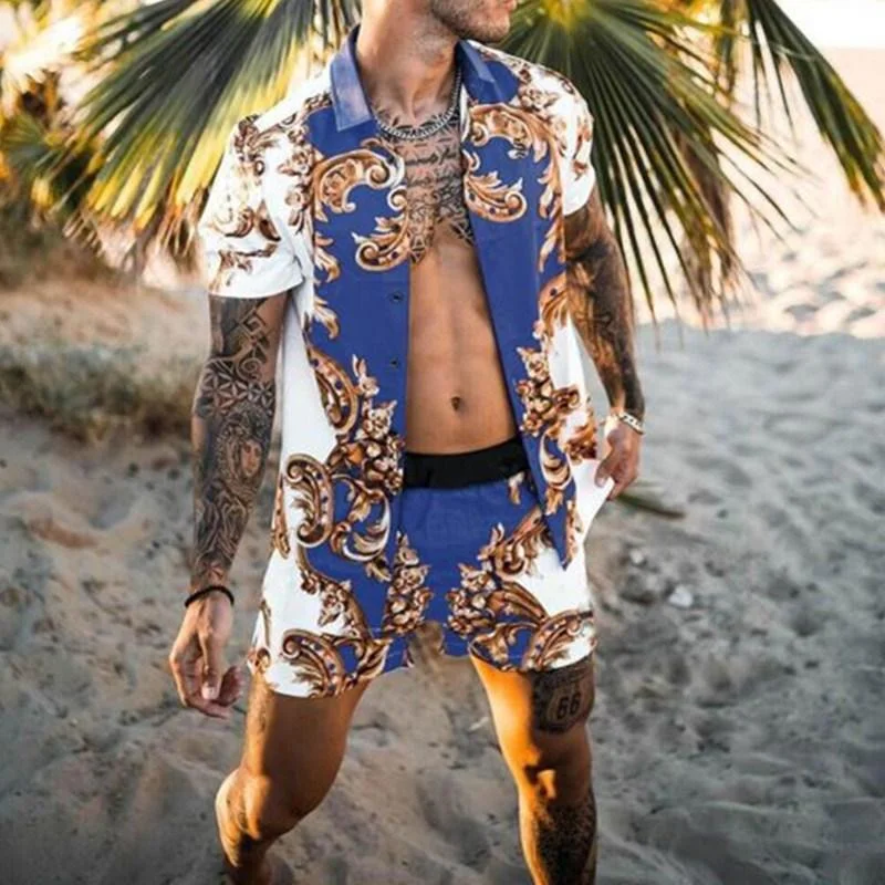 Sports Trend High Street Style Blue Summer Floral Print Men Casual Suits