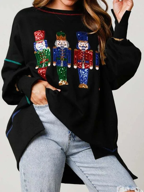 Retro Prints Youthful Y2K Nutcracker Sequin Long Sleeve Crewneck Christmas Hoodie