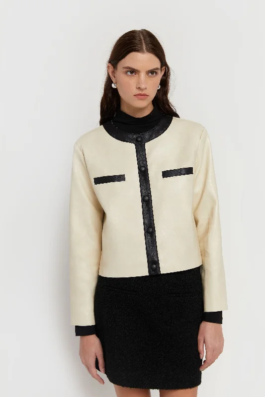 Boutique Recommendation Age-reducing Style CONTRAST TRIM VEGAN LEATHER JACKET