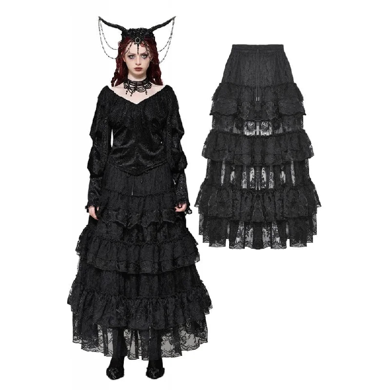 Artistic Temperament High-end Fabrics Women's Gothic Layered Lace Long Skirt