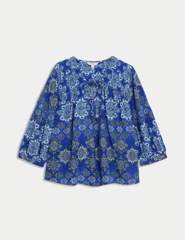 Celebrity Must-have Fresh And Natural Pure Cotton Printed V-Neck Blouse